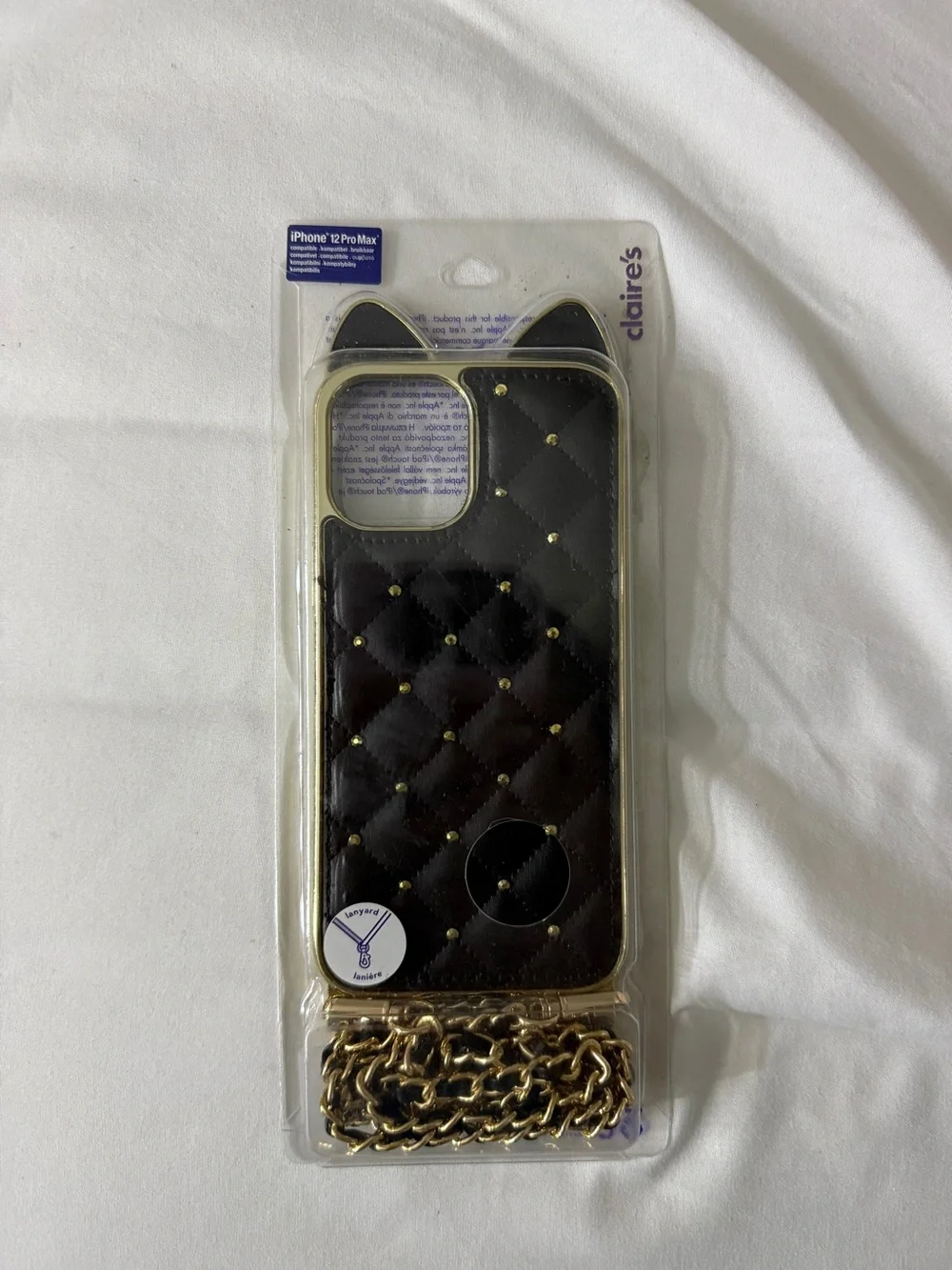 Claire's Black Quilted Cat Ear iPhone Case with lanyard Chain